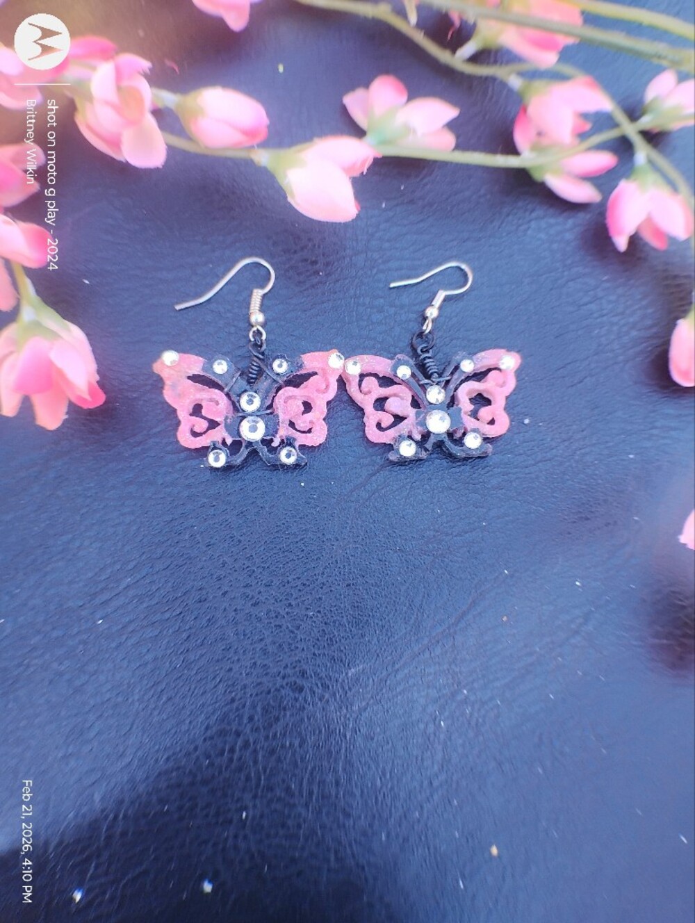 Pink And Black Butterfly Dangle Earrings with Silver Rhinestones
